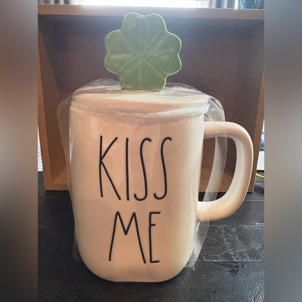 Rae Dunn Kiss Me Mug with Green Clover Lid